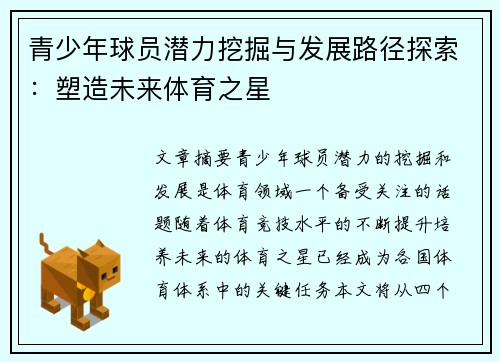 青少年球员潜力挖掘与发展路径探索：塑造未来体育之星
