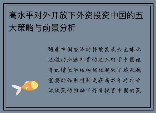 高水平对外开放下外资投资中国的五大策略与前景分析