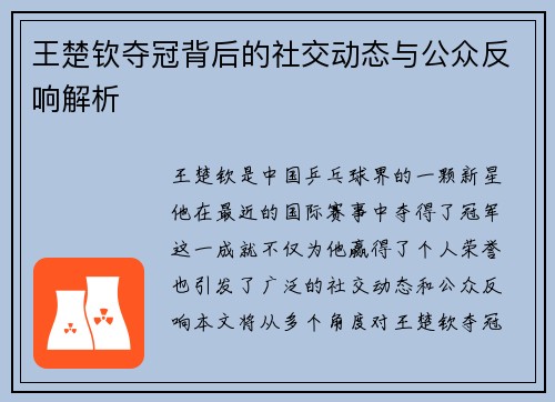 王楚钦夺冠背后的社交动态与公众反响解析
