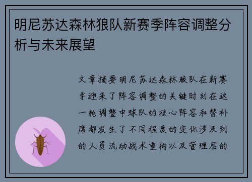 明尼苏达森林狼队新赛季阵容调整分析与未来展望